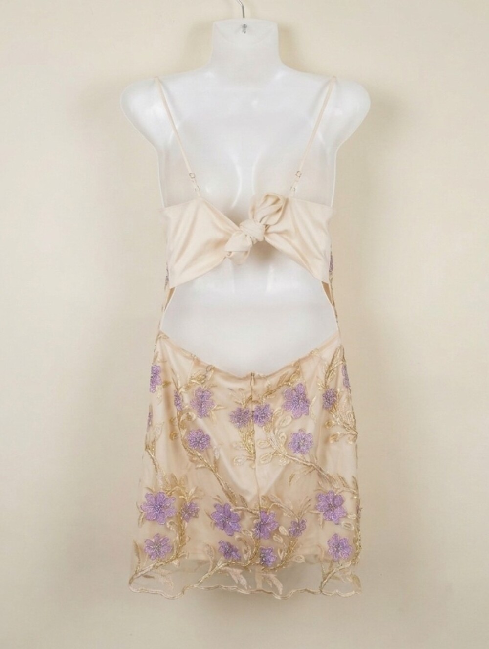 Lucy in the Sky Amari Gold Beige Lavender Floral Mesh Mini Dress - Picture 2 of 7